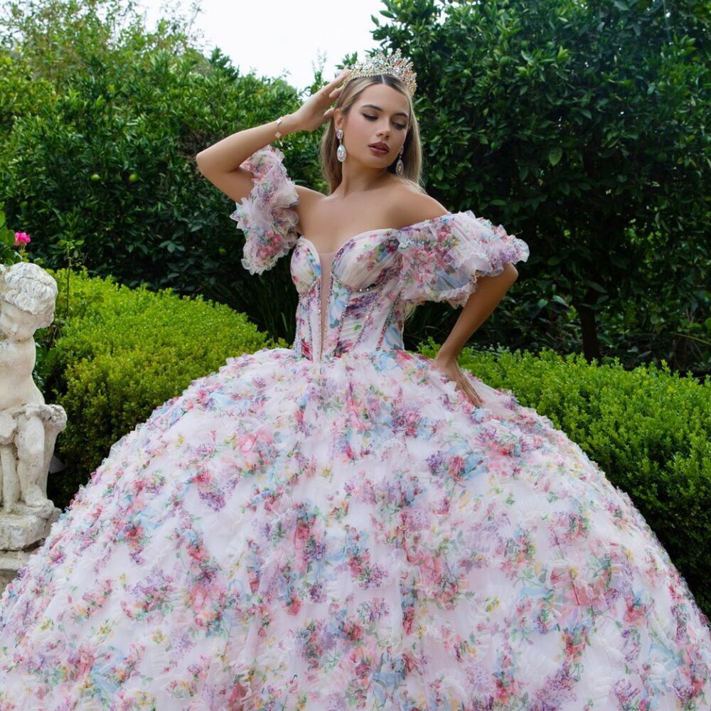 New Floral Enchanting Mesh Ball Gown W/ Ruffled Design & Lace Up Back Gl3609